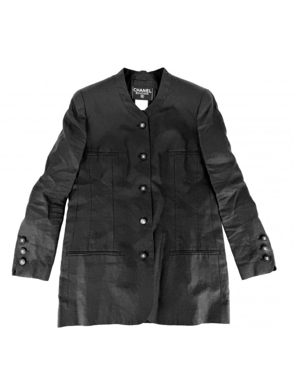 Chanel Collarless Jacket Coco Button 40 Black Linen Silk Spring Autumn